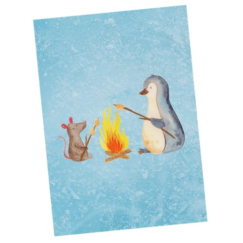 Mr. & Mrs. Panda Postkarte Pinguin Lagerfeuer - Geschenk, Grußkarte, Marshmallows, Geschenkkarte, grillen, Dankeskarte, Geburtstagskarte, Pinguine, von Mr. & Mrs. Panda