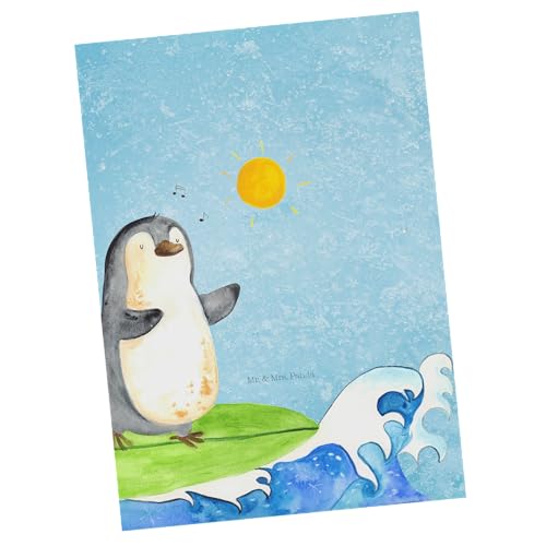 Mr. & Mrs. Panda Postkarte Pinguin Surfer - Geschenk, Geschenkkarte, Ansichtskarte, Dankeskarte, Grußkarte, Einladung, surfen, Pinguine, Wellen von Mr. & Mrs. Panda