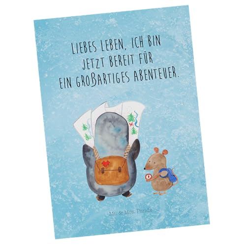 Mr. & Mrs. Panda Postkarte Pinguin & Maus Wanderer - Geschenk, Wanderlust, Abenteuer, Geburtstagskarte, Abenteurer, Geschenkkarte, Ansichtskarte, von Mr. & Mrs. Panda