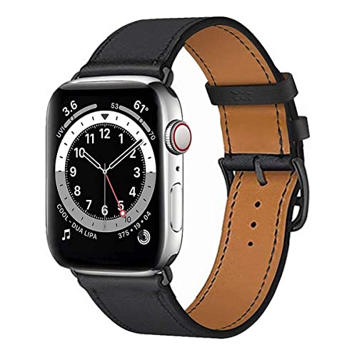 MroTech Armband Kompatibel für iWatch Ultra 49mm 45mm 44mm 42mm Lederarmband echtes Leder Ersatzband für iWatch Serie 8/7/6/SE/5/4/3/2/1 Elegant Uhernarmband Männer Frauen Band,Schwarz,42/44/45/49 mm von MroTech