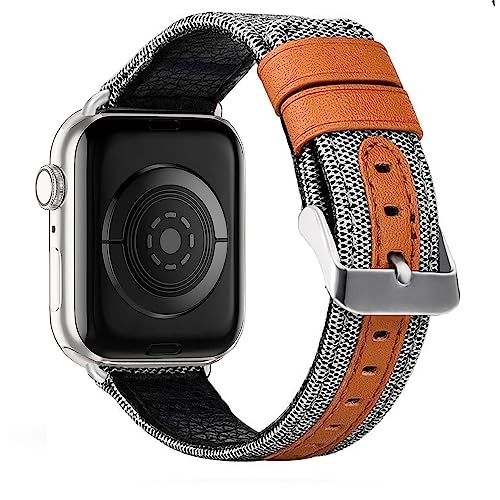 MroTech Armband Kompatibel mit Apple Watch 49mm 45mm 44mm 42mm, Canvas Sport Band mit Leder Ersatzarmband für Apple Watch Serie Ultra 8 SE 7 6 5 4 3 2 1 Armband,Uhrenband 42/44/45/49 mm Beige/Silber von MroTech