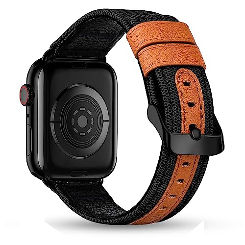 MroTech Armband Kompatibel mit Apple Watch 49mm 45mm 44mm 42mm, Canvas Sport Band mit Leder Ersatzarmband für Apple Watch Serie Ultra 8 SE 7 6 5 4 3 2 1 Uhrenarmband 42/44/45/49 mm Schwarz/Schwarz von MroTech