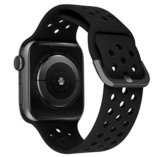 MroTech Armband Kompatibel mit Apple Watch Armband 45mm 44mm 42mm 49mm 40mm 38mm 41mm, Atmungsaktiv Silikon Band für iWatch Series 9 8 7 6 5 4 3 SE, 42/44/45/49 mm,Schwarz von MroTech