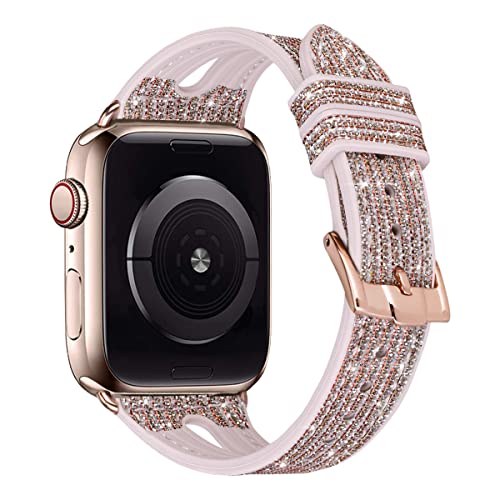 MroTech Armband kompatibel mit Apple Watch 41mm 40mm 38mm Uhrenarmband Ersatz für iWatch Serie 7/6/5/4/3/2/1/SE Band Silikon Lederband PU Bilng Glitzer/Roségold Schnalle,38/40/41 mm Slim Rose Gold von MroTech