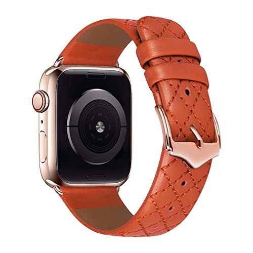 MroTech Armband kompatibel mit Apple Watch Lederarmband 45mm 44mm 42mm Ersatzband für iWatch SE/Serie 7/6/5/4/3/2/1 Uhrenband echt Leder Band mit viereckiges Gitter 42/44/45 mm-Plaid orange Braun von MroTech
