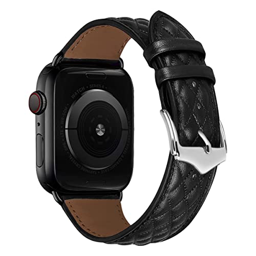 MroTech Kompatibel mit Apple Watch Armband Lederarmband Kompatibel für Apple Watch Ultra Serie 8 7 SE 6 5 4 3 2 1 Echte Lederband Ersatz für iwatch Uhrenarmband 49mm 45mm 44mm 42mm,Karomuster Schwarz von MroTech