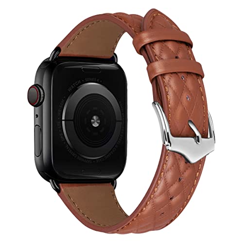 MroTech Kompatibel mit Apple Watch Armband Lederarmband Kompatibel für Apple Watch Ultra Serie 8 7 SE 6 5 4 3 2 1 Echte Lederband Ersatz für iwatch Uhrenarmband 49mm 45mm 44mm 42mm,Karomuster Braun von MroTech