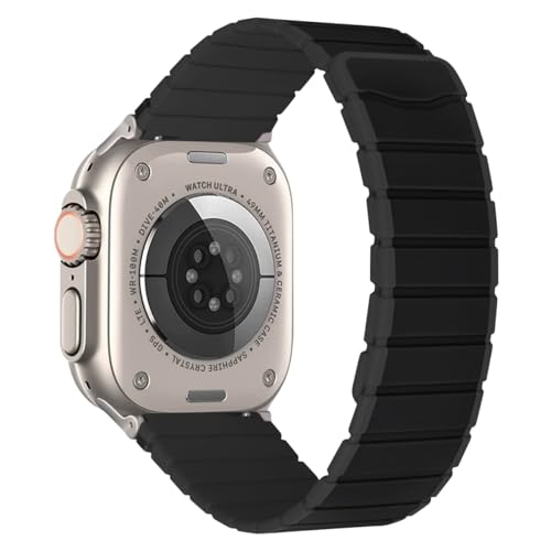 MroTech Kompatibel mit Apple Watch Ultra/Ultra2 Armband 49mm, 45mm 44mm 42mm Silikon Gliederarmband Sport Ersatz für iWatch Serie Ultra 9 8 7 SE2 SE 6 5 4 3 2 1 Magnetarmband,42/44/45/49 Black/Grau von MroTech