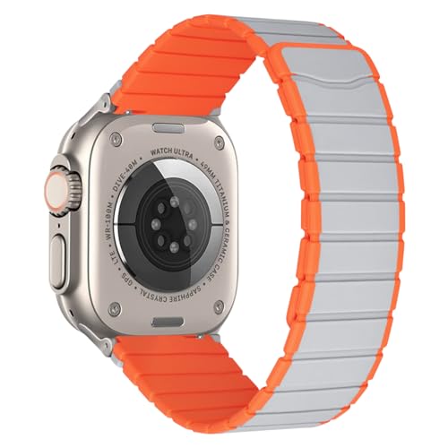 MroTech Kompatibel mit Apple Watch Ultra/Ultra2 Armband 49mm, 45mm 44mm 42mm Silikon Gliederarmband Sport Ersatz für iWatch Serie Ultra 9 8 7 SE2 SE 6 5 4 3 2 1 Magnetarmband,42/44/45/49 Grau/Orange von MroTech