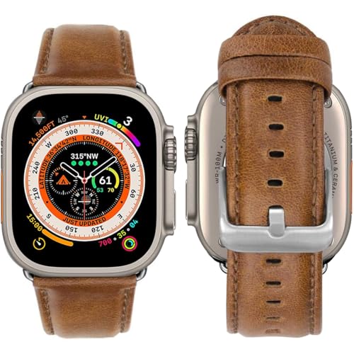 MroTech Lederarmband Kompatibel mit Apple Watch Armband 44mm und 45mm,Echte Leder Armband Kompatibel mit Apple Watch SE SE2 Serie 8 7 6 5 4 Ersatzarmband,Vintage Braun/Silberne Schnalle von MroTech