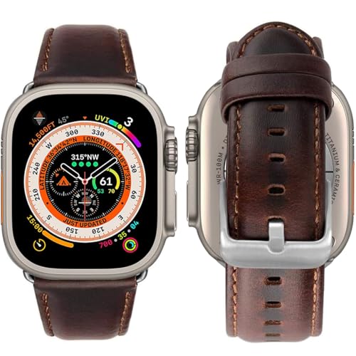 MroTech Lederband Kompatibel mit Apple Watch Armband 49mm 44mm 45mm 42mm,Echte Leder Ersatzband Kompatibel mit Apple Watch Ultra2 Ultra SE2 SE Serie 9 8 7 6 5 4 3 2 1,Vintage Kaffee/Silberne Schnalle von MroTech