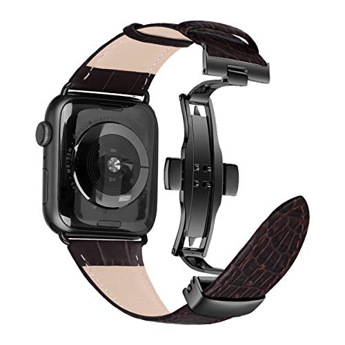 MroTech Lederarmband Kompatibel mit Apple Watch Armband 41mm 40mm 38mm,Echtes Ersatzarmband Armband für iWatch Serie SE 9 8 7 6 5 4 3 2 1,Schmetterling Schnalle,Krokodilmuster Kaffee von MroTech