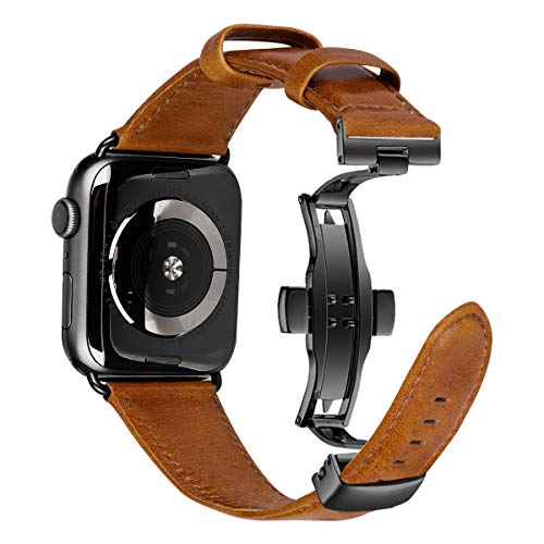 MroTech Lederarmband Kompatibel mit Apple Watch Armband 49mm 44mm 45mm 42mm,Echtes Lederband Ersatzarmband Armband für iWatch Series Ultra SE 9 8 7 6 5 4 3 2 1,Schmetterling Schnalle,Vintage Braun von MroTech