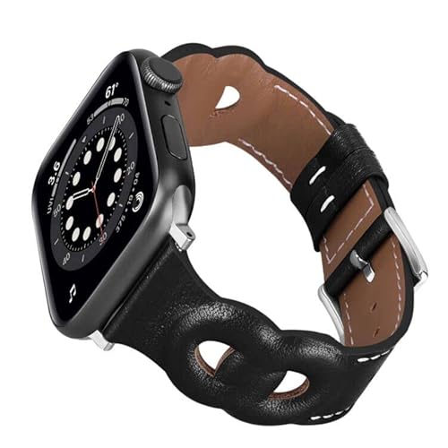 MroTech Lederarmband Kompatibel mit Apple Watch Armband 49mm 44mm 45mm 42mm,Echtes Lederband Herren Damen Armbands für iWatch Serie Ultra SE 8 7 6 5 4 3 2 1 Ersatzarmband,Schwarz von MroTech