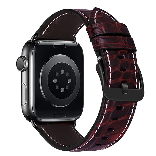 MroTech Lederarmband Kompatibel mit Apple Watch Armband 49mm 45mm 44mm 42mm Premium Echte Leder Ersatzarmband Kompatibel mit Apple Watch Ultra Series 8 7 6 5 4 3 2 1 SE SE2 Band für Herren Damen-Rot von MroTech