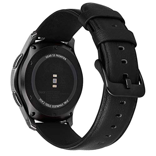 MroTech Lederarmband kompatibel mit Samsung Gear S3 Frontier/Classic/Galaxy Watch 46mm/Watch 3 45mm Armband 22mm Leder Uhrenarmband Ersatz für Huawei 2 Classic/GT/GT2/GT3 46 mm Band-Einfaches Schwarz von MroTech