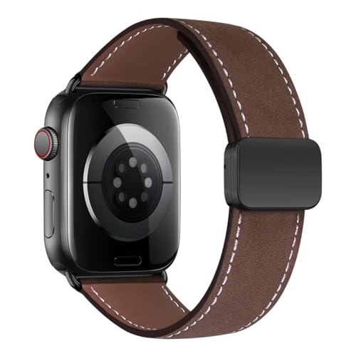 MroTech echtes Lederarmband Kompatibel mit Apple Watch Armband 49mm 45mm 44mm 42mm Ultra 2 Ultra SE2 SE Serie 9 8 7 6 5 4 3 2 1 Armband Leder Ersatzarmband Band Herren Damen Magnetarmband Suede Braun von MroTech