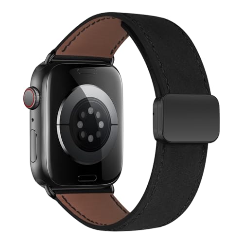 MroTech echtes Lederarmband Kompatibel mit Apple Watch Armband 49mm 45mm 44mm 42mm Ultra 2 Ultra SE2 SE Serie 9 8 7 6 5 4 3 2 1 Armband Leder Ersatzband Band Herren Damen Magnetarmband Suede Schwarz von MroTech