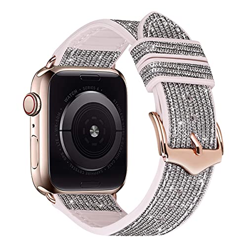 MroTech kompatibel mit Apple Watch 7 45mm Armband Ersatz für iWatch 8/7/6/5/4/3/2/1/SE 42mm 44mm 45mm 49mm Uhrenarmband Leder PU Silikon Bilng Glitzer Band/Roségold Clasp,42/44/45/49 mm Grau Silber von MroTech