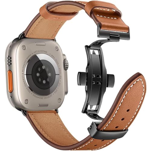 MroTech kompatibel mit Apple Watch Armband 49mm 45mm 44mm 42mm, Weiches Leder Armband Butterfly Clasp für iWatch Ultra 2/Ultra Serie 9 8 7 SE2 SE 6 5 4 3 2 1 Herren Damen,Schmetterlingsschnalle,Braun von MroTech