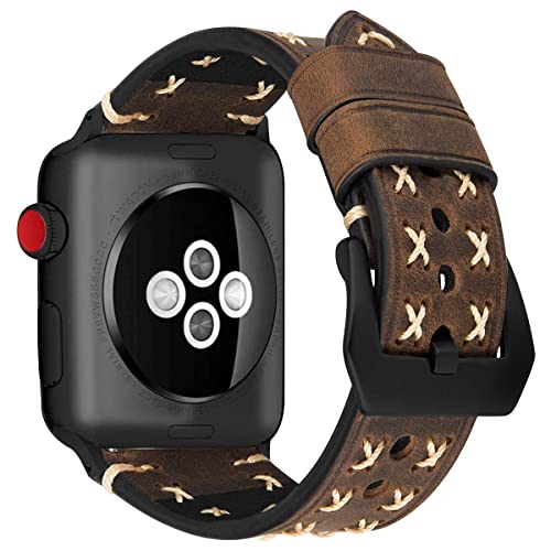MroTech kompatibel mit Apple Watch Armband 49mm 45mm 44mm 42mm Leder Ersatzarmband für iWatch Serie 8/7/6/5/4/3/2/1/SE Lederarmband Echtleder Uhrenarmband Schwarz Schnalle Band 42/44/45/49 mm-Kaffee von MroTech