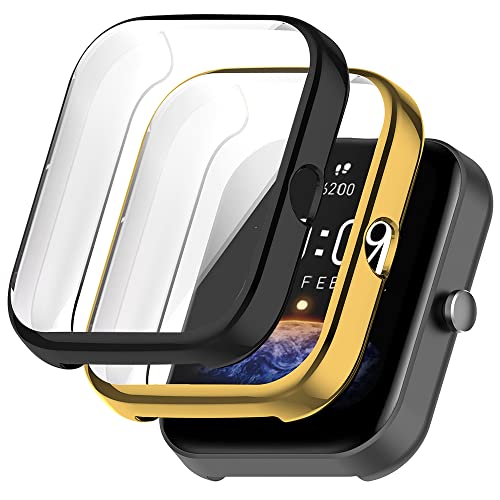 Msiall 2 Stück Hülle Kompatibel mit Amazfit Bip 3/3 pro Schutzhülle,Flexibles TPU Vollschutz Displayschutzfolie Kratzfest Displayschutz Schutz Hülle mit Amazfit Bip 3-Gold schwarz von Msiall