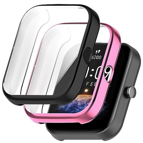 Msiall 2 Stück Hülle Kompatibel mit Amazfit Bip 3/3 pro Schutzhülle,Flexibles TPU Vollschutz Displayschutzfolie Kratzfest Displayschutz Schutz Hülle mit Amazfit Bip 3-schwarz rosa von Msiall