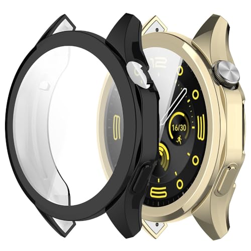 Msiall 2 Stück Hülle Kompatibel mit Huawei Watch GT4 46mm Schutzhülle,Flexibles TPU Vollschutz Displayschutzfolie Kratzfest Displayschutz Schutz Hülle -schwarz gelbgold von Msiall