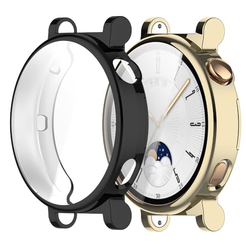 Msiall 2 Stück Hülle Kompatibel mit Huawei watch GT4 41mm Schutzhülle,Flexibles TPU Vollschutz Displayschutzfolie Kratzfest Displayschutz Schutz Hülle -schwarz gelbgold von Msiall