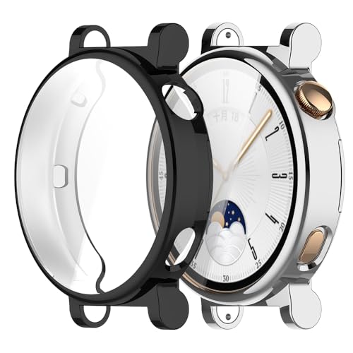 Msiall 2 Stück Hülle Kompatibel mit Huawei watch GT4 41mm Schutzhülle,Flexibles TPU Vollschutz Displayschutzfolie Kratzfest Displayschutz Schutz Hülle -silber schwarz von Msiall