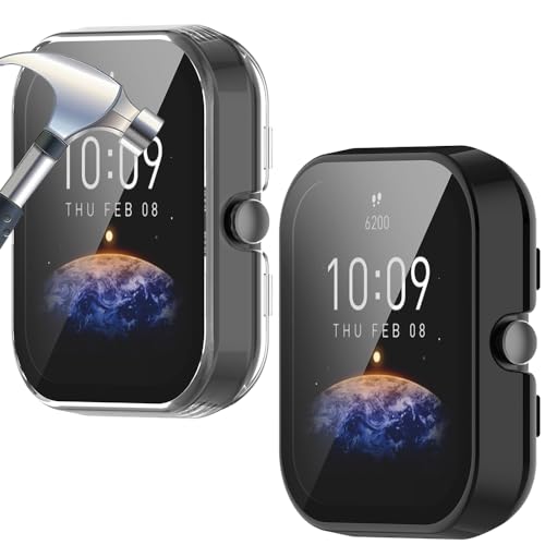 Msilte [2 Stück] Hülle Kompatibel mit Amazfit bip 3/bip 3 pro Schutzhülle, Rundum Hülle mit Displayschutzfolie, PC Hard Schutzfolie Case, Anti-Kratz Hülle Schutzfolie - Schwarz + Transparent von Msilte