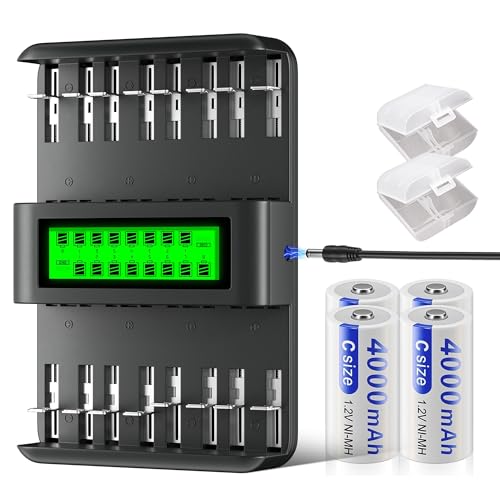 Mspalocell C Batterien Wiederaufladbar mit Ladegerät, 4 Stück 4000mAh 1200 Zyklen Batterie C, 12V/2A Akku Ladegerät für 1,2V AA/AAA/C/D Wiederaufladbare Batterien (NI-Mh/NI-CD) von Mspalocell