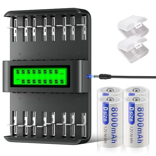 Mspalocell D batterien Akku mit ladegerät, 4 Stück 1.2V 8800mAh D Mono Akku, Akku Ladegerät für AA/AAA/C/D Wiederaufladbare Batterien (NI-Mh/NI-CD), Unabhängiges/gemischtes Laden von Mspalocell