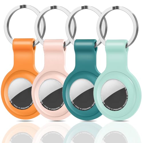 4 Stück Schutzhülle Kompatibel mit Airtags,Silikon Hülle mit Keyring für AirTags,Silikon Hülle Schlüsselanhänger, für AirTags Anhänger Halter Keychain Case Cover Key Ring (Orange+Rosa+Hellgrün+Grün) von Mtskaeo