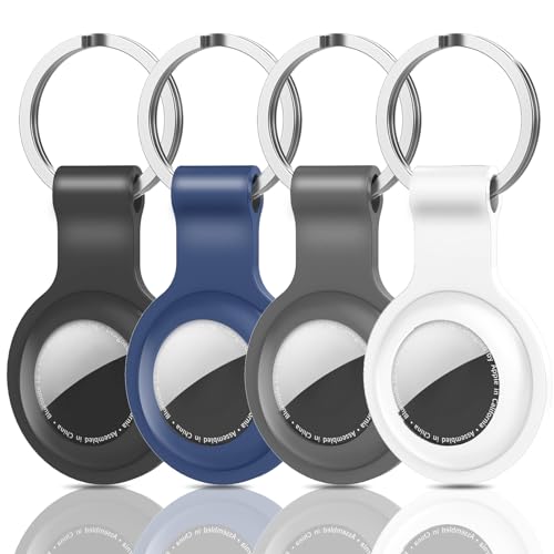 4 Stück Schutzhülle Kompatibel mit Airtags,Silikon Hülle mit Keyring für AirTags,Silikon Hülle Schlüsselanhänger,für AirTags Anhänger Halter Keychain Case Cover Key Ring(Schwarz+Grau+Weiß+Blau) von Mtskaeo