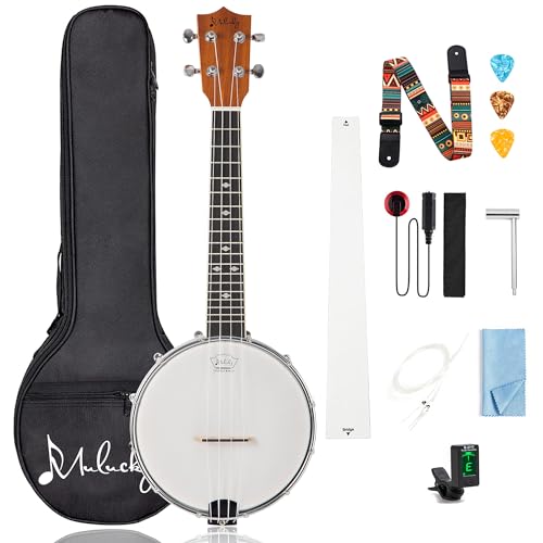 Mulucky Banjolele, 4 Saiten, Banjo-Ukulele, Konzert-Größe, 58,9 cm, geschlossener Massivholzrücken, Anfänger-Set mit Halsstab, Gigbag, Stimmgerät, Saitengurt, Plektren - BU8017 von MuLucky