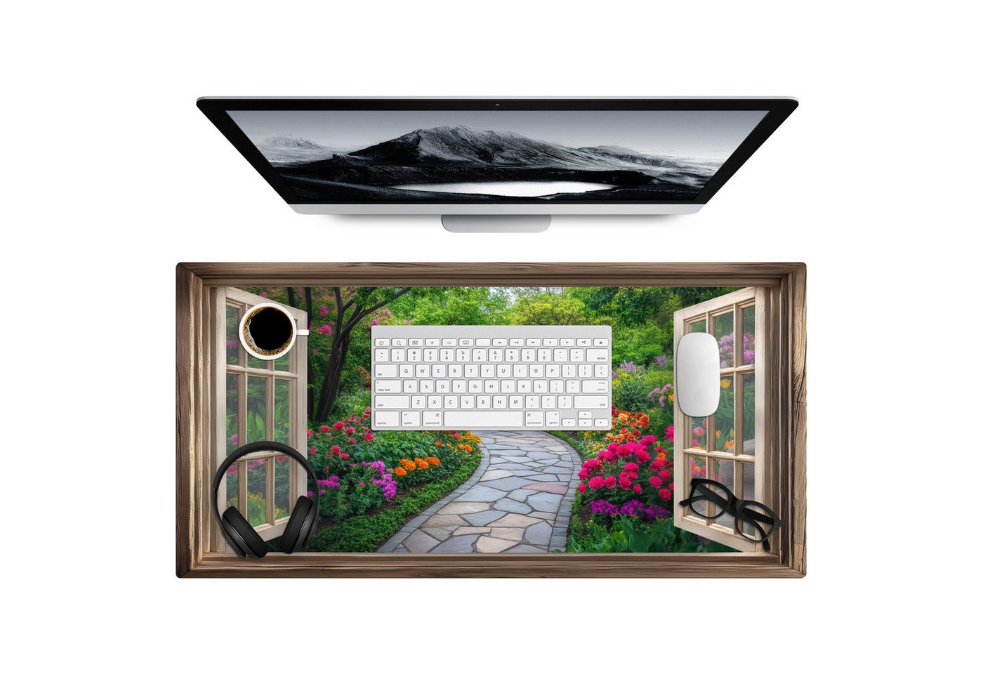 MuchoWow Gaming Mauspad Aussicht - Blumen - Gartenweg - Natur - Fenster (1-St), Gaming Mauspad XXL, Schreibtischunterlage, Desk Mat Groß, 80x40 cm von MuchoWow