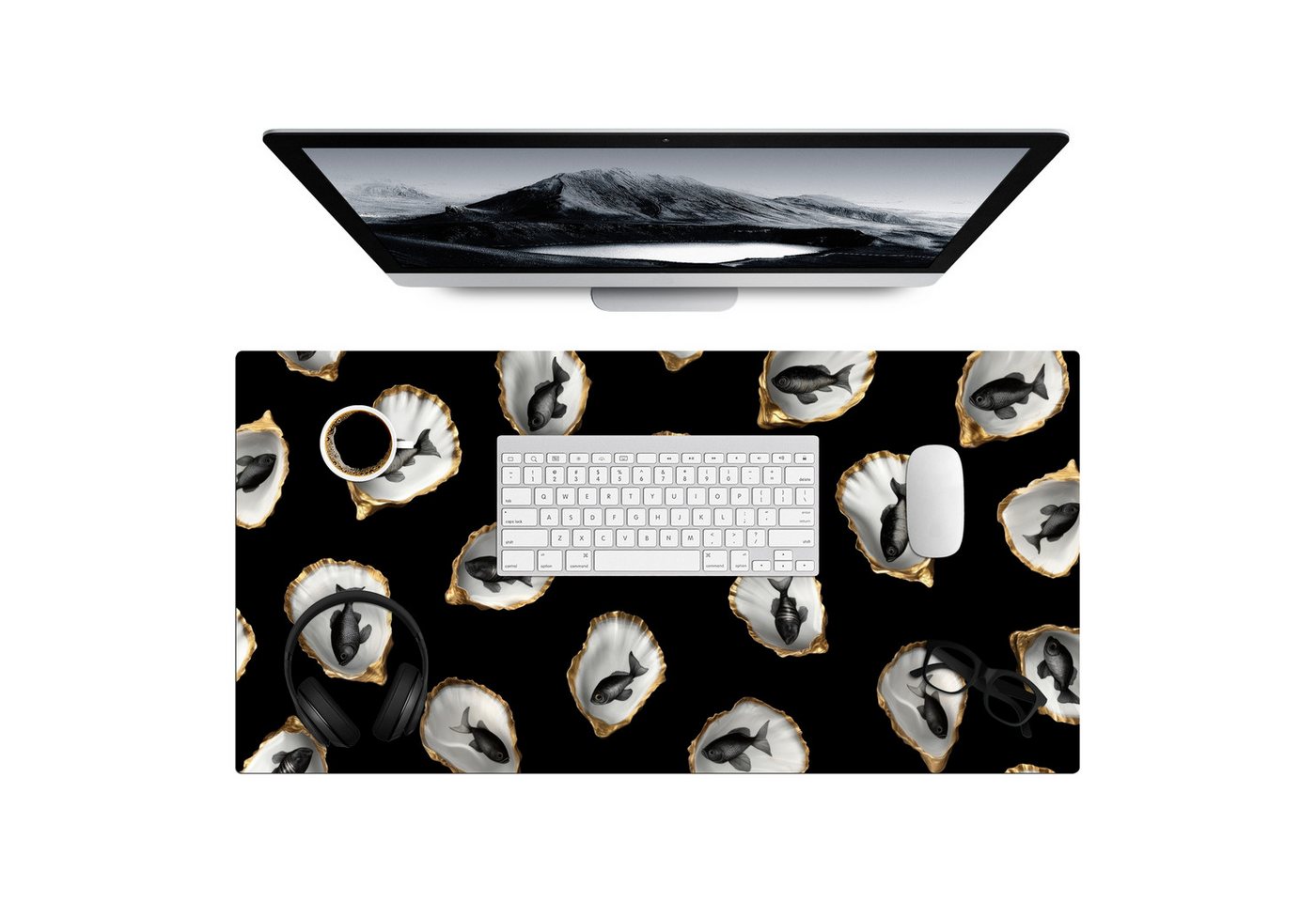 MuchoWow Gaming Mauspad Austern - Schwarz - Fisch - Gold (1-St), Gaming Mauspad XXL, Schreibtischunterlage, Desk Mat Groß, 80x40 cm von MuchoWow