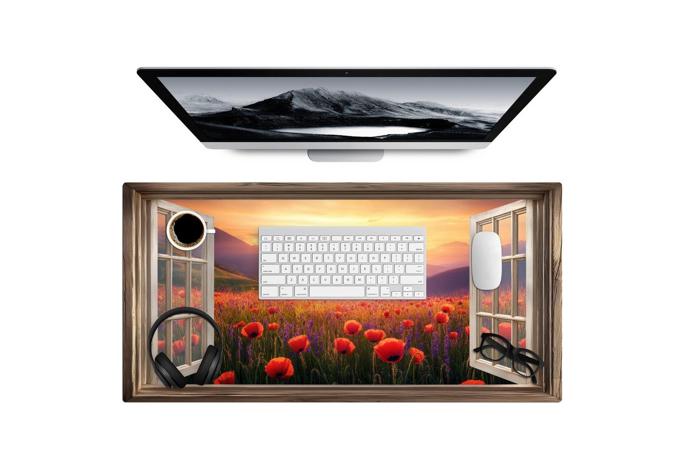 MuchoWow Gaming Mauspad Durchsichtig - Mohnblumen - Blumen - Rot - Offenes Fenster (1-St), Gaming Mauspad XXL, Schreibtischunterlage, Desk Mat Groß, 80x40 cm von MuchoWow