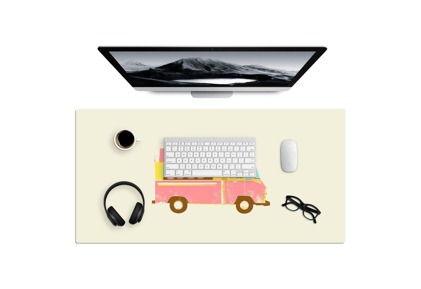 MuchoWow Gaming Mauspad Eiscreme-Wagen - Retro - Softeis - Rosa (1-St), Gaming Mauspad XXL, Schreibtischunterlage, Mousepad, Deko, 90x45 cm von MuchoWow