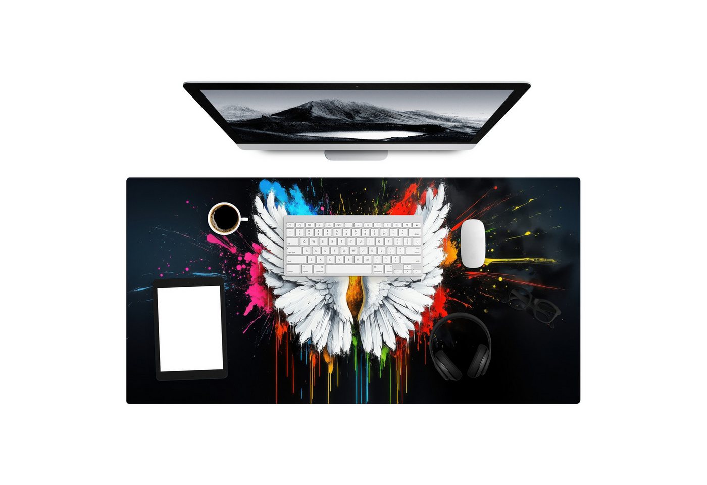 MuchoWow Gaming Mauspad Flügel - Farbspritzer - Farbenfroh (1-St), Gaming Mousepad XXL, Schreibtischunterlage, Gaming Zubehör, 100x50 cm von MuchoWow