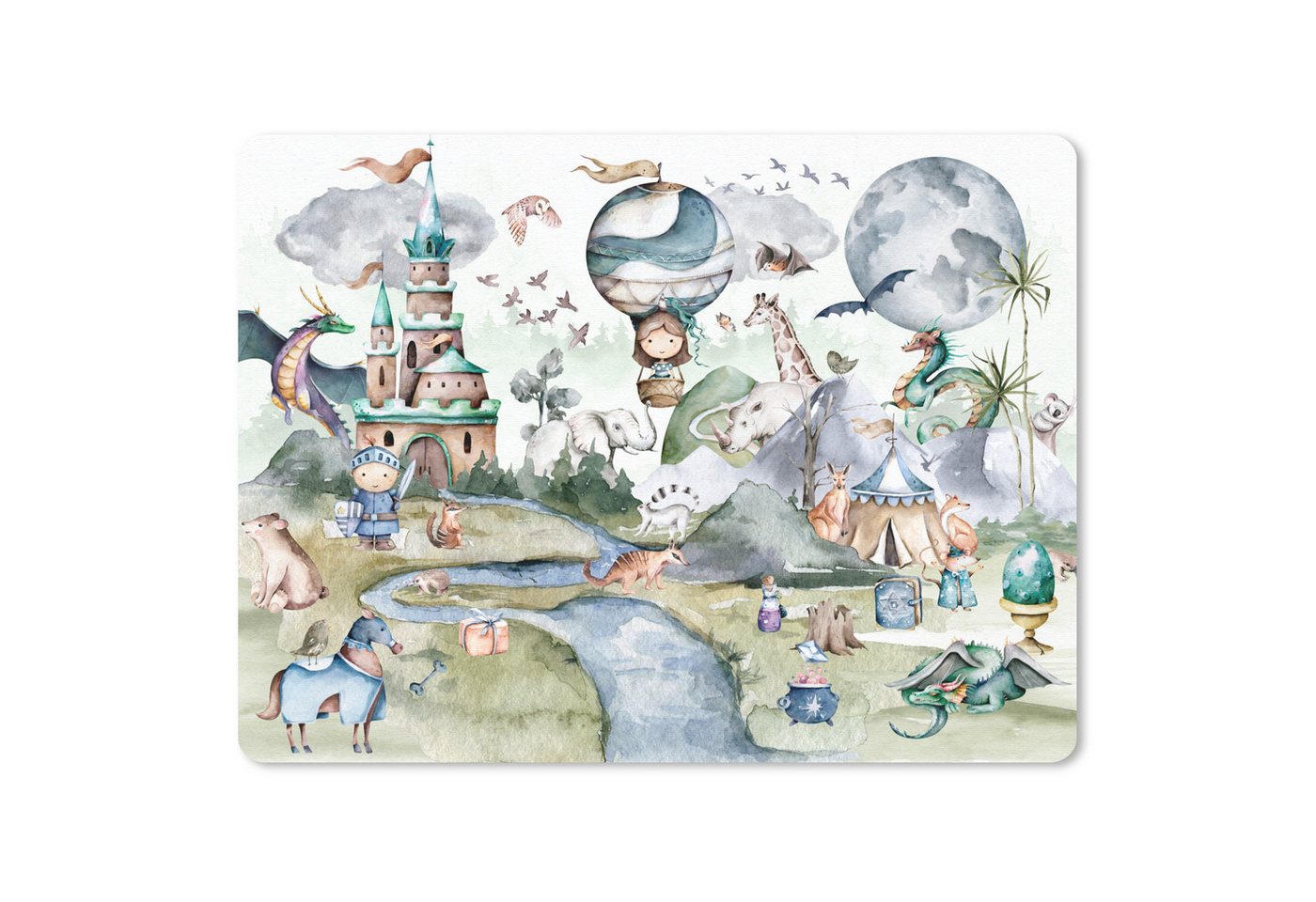 MuchoWow Gaming Mauspad Kinder - Heißluftballon - Drache - Jungen - Burg - Aquarell (1-St), Mousepad mit Rutschfester Unterseite, Gaming, 40x40 cm, XXL, Großes von MuchoWow