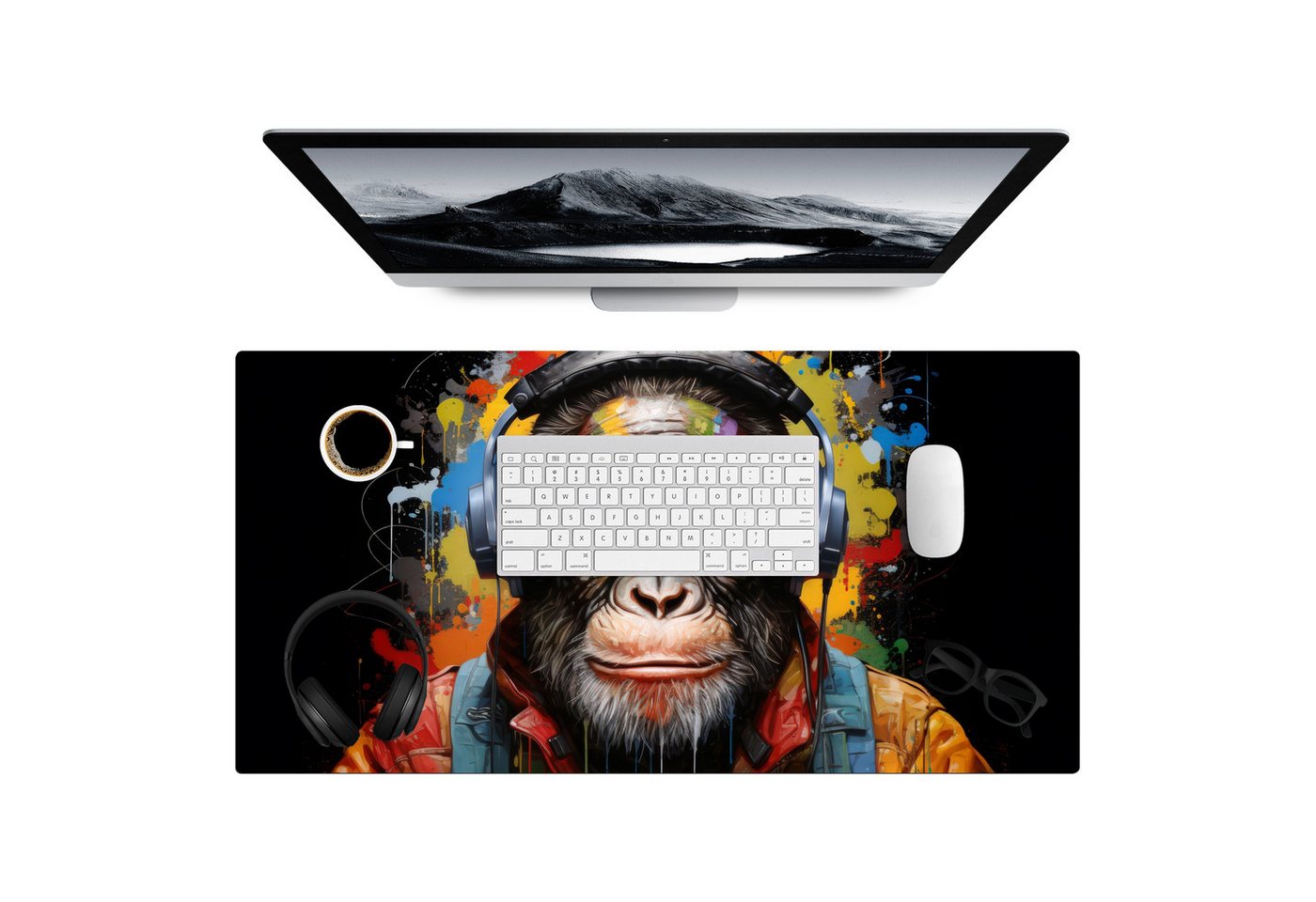MuchoWow Gaming Mauspad Schimpanse - Affe - Tiere - Graffiti - Brillen - Kopfhörer - Farben (1-St), Gaming Mauspad XXL, Schreibtischunterlage, Desk Mat Groß, 80x40 cm von MuchoWow