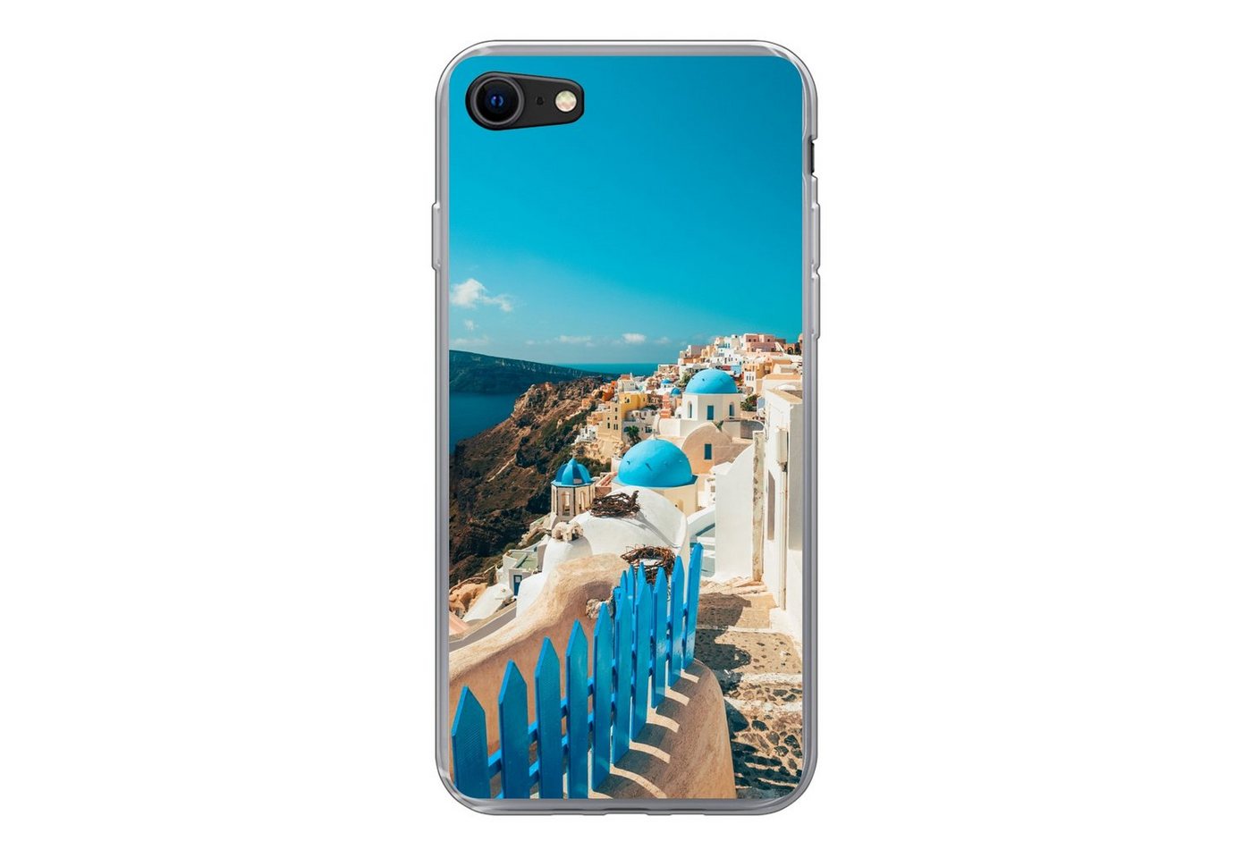 MuchoWow Handyhülle Blauer Bürgersteig in Santorini Griechenland, Handyhülle Apple iPhone 8, Smartphone-Bumper, Print, Handy Schutzhülle von MuchoWow