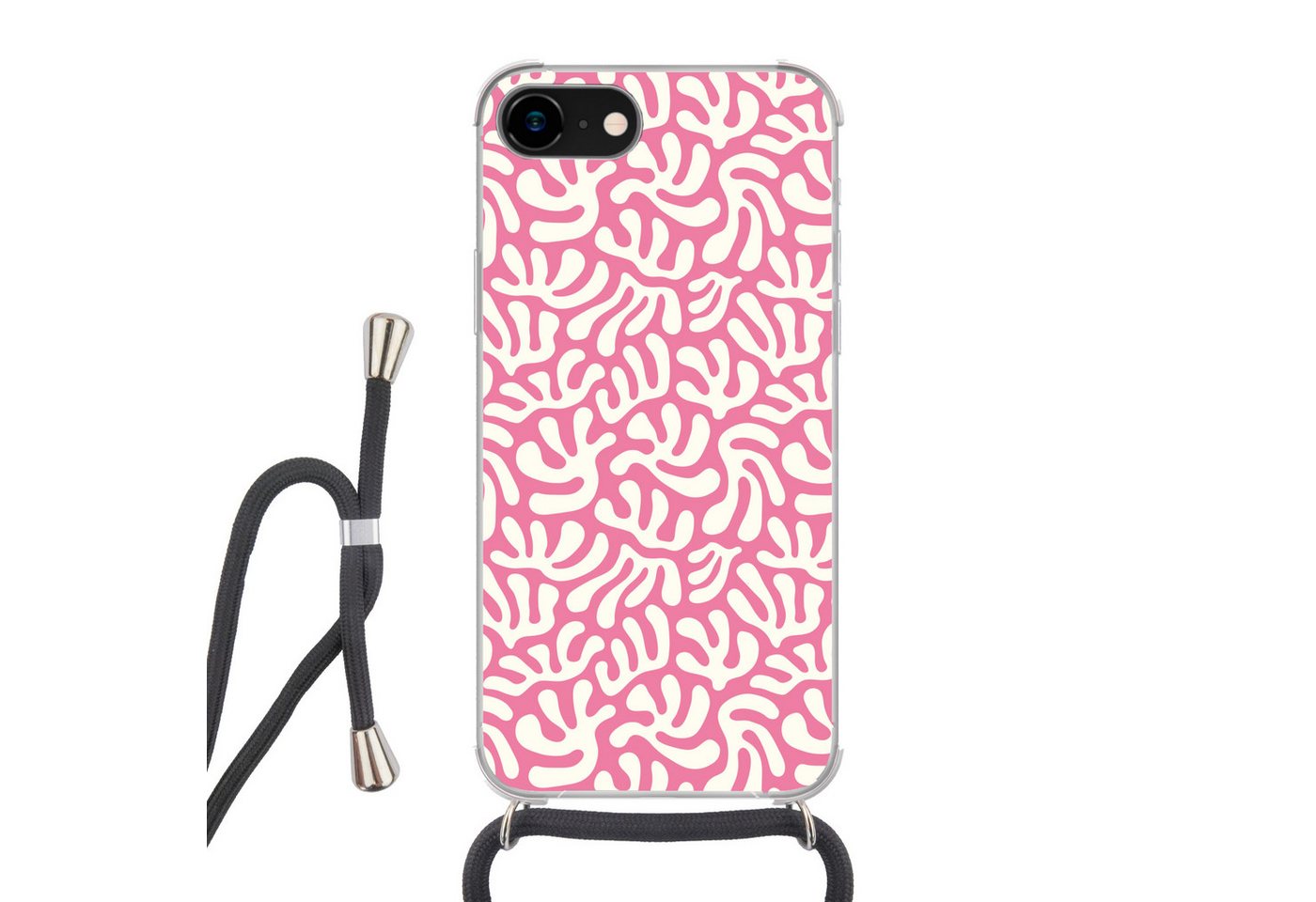 MuchoWow Handyhülle für Apple iPhone SE 2020 Koralle - Muster - Rosa - Weiß - Minimalistis, Tragbare Handyhüllen mit Kette zum umhängen, Handykette Handyband von MuchoWow
