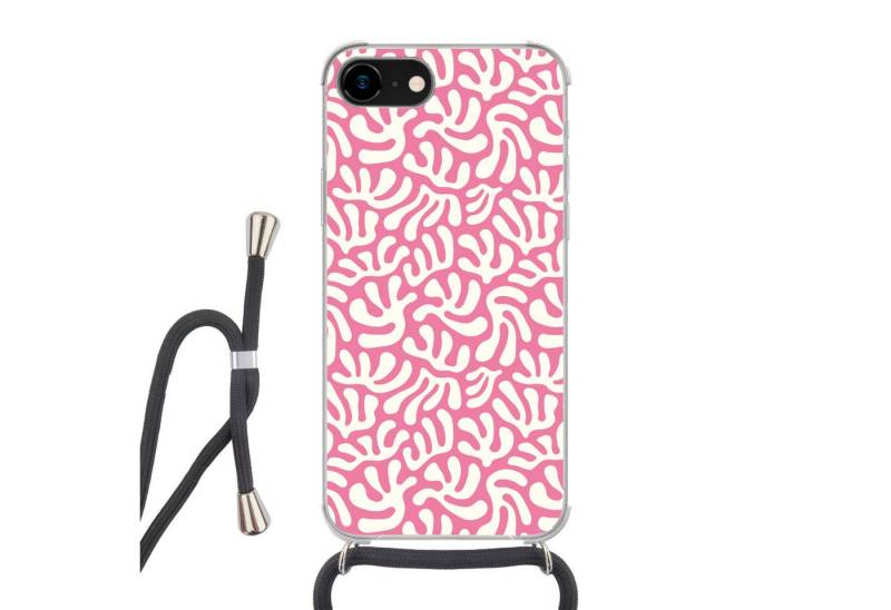 MuchoWow Handyhülle für Apple iPhone SE 2020 Koralle - Muster - Rosa - Weiß - Minimalistis, Tragbare Handyhüllen mit Kette zum umhängen, Handykette Handyband von MuchoWow