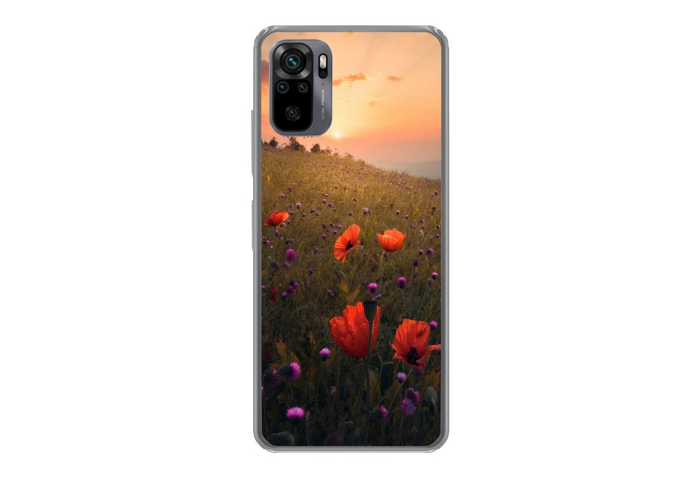 MuchoWow Handyhülle Blumenfeld - Gras - Pflanzen - Sonnenuntergang - Orange, Phone Case, Handyhülle Xiaomi Redmi Note 10S, Silikon, Schutzhülle von MuchoWow