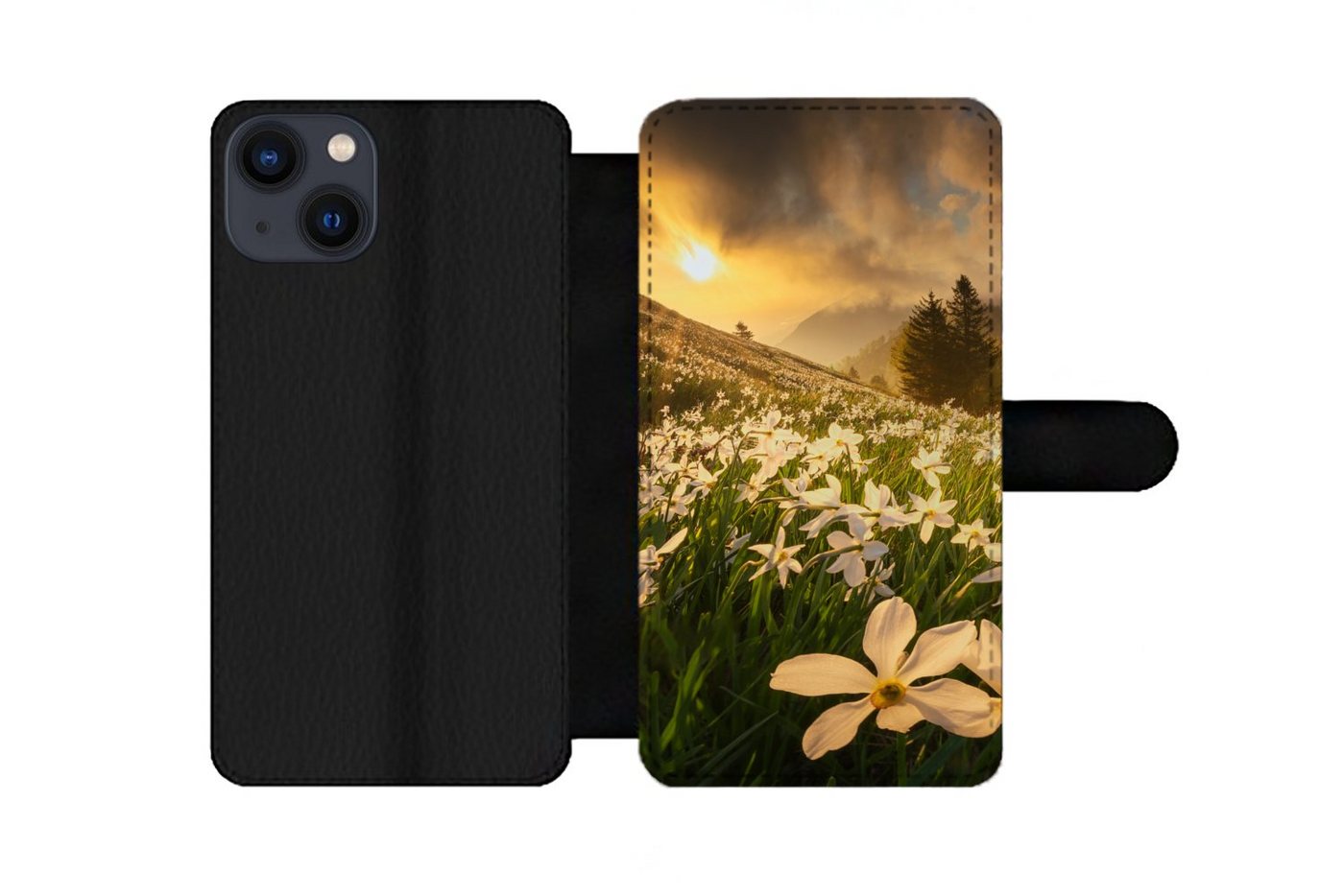 MuchoWow Handyhülle Blumenfeld - Hügel - Sonnenuntergang - Berg - Natur - Weiß - Hügel, Handyhülle Telefonhülle Apple iPhone 13 von MuchoWow