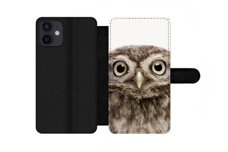 MuchoWow Handyhülle Geeignet für Apple iPhone 12 Mini Eule - Eule - Porträt - Braun - Voge, Klapphülle mit Kartenfach, Flip Cover Case, Klapptasche, Handyhülle von MuchoWow