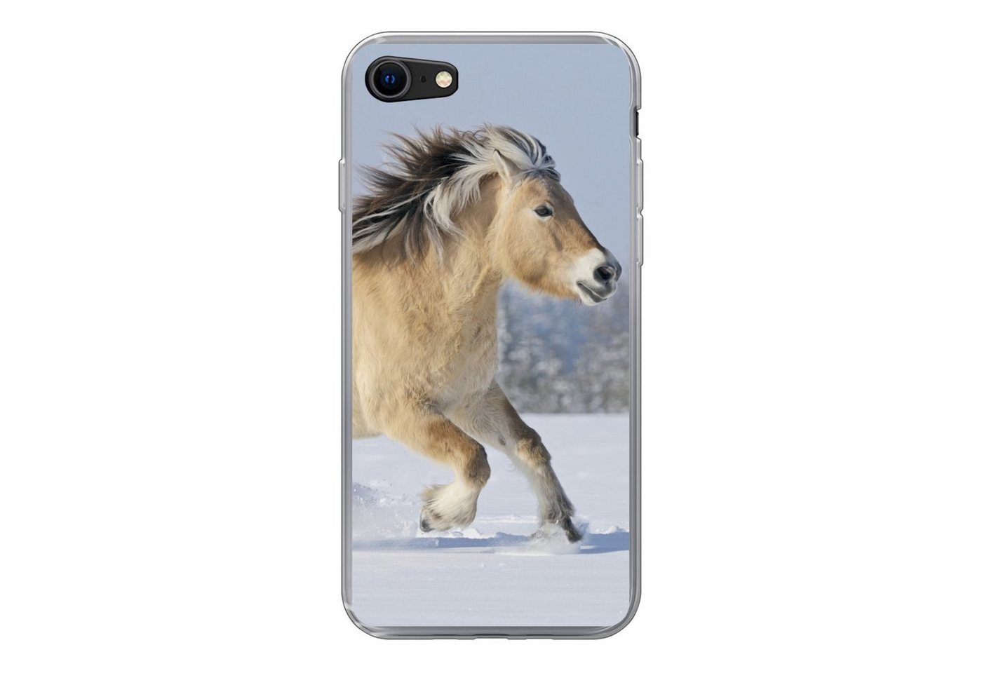 MuchoWow Handyhülle Fjordpferd läuft durch den Schnee, Handyhülle Apple iPhone 8, Smartphone-Bumper, Print, Handy Schutzhülle von MuchoWow